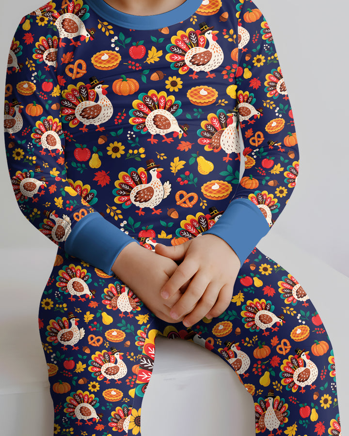 Festive Turkey Fall Harvest Bamboo Two Piece Long Sleeve Pajama Set