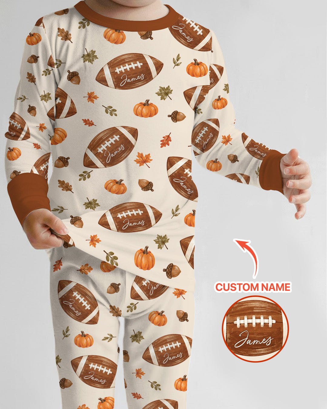 Custom Name Football Season Happy Fall Bamboo Two Piece Long Sleeve Pajama Set