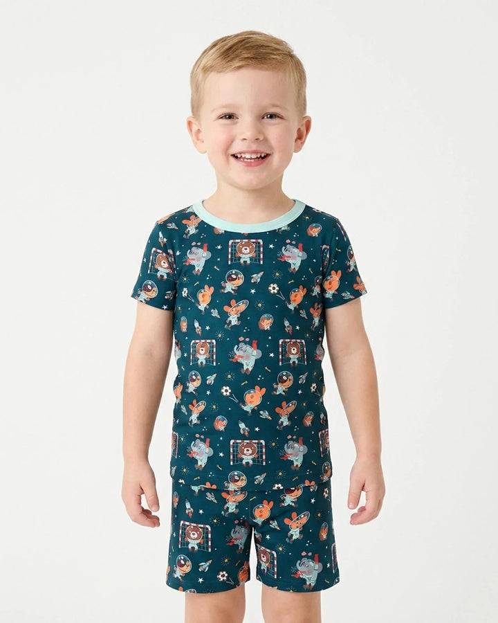 Space Soccer Bamboo Two Piece Short Sleeve Shorts Pajama Set