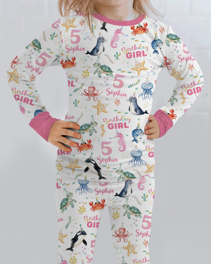 Birthday Under The Sea Custom Name & Age Bamboo Two Piece Long Sleeve Pajama Set
