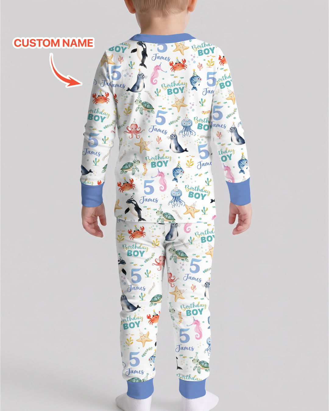 Birthday Under The Sea Custom Name & Age Bamboo Two Piece Long Sleeve Pajama Set