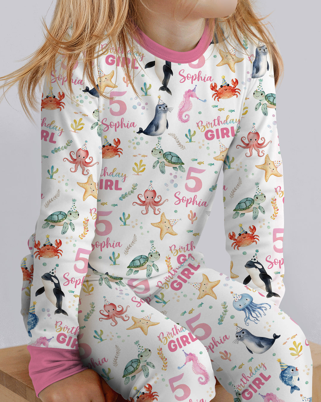 Birthday Under The Sea Custom Name & Age Bamboo Two Piece Long Sleeve Pajama Set