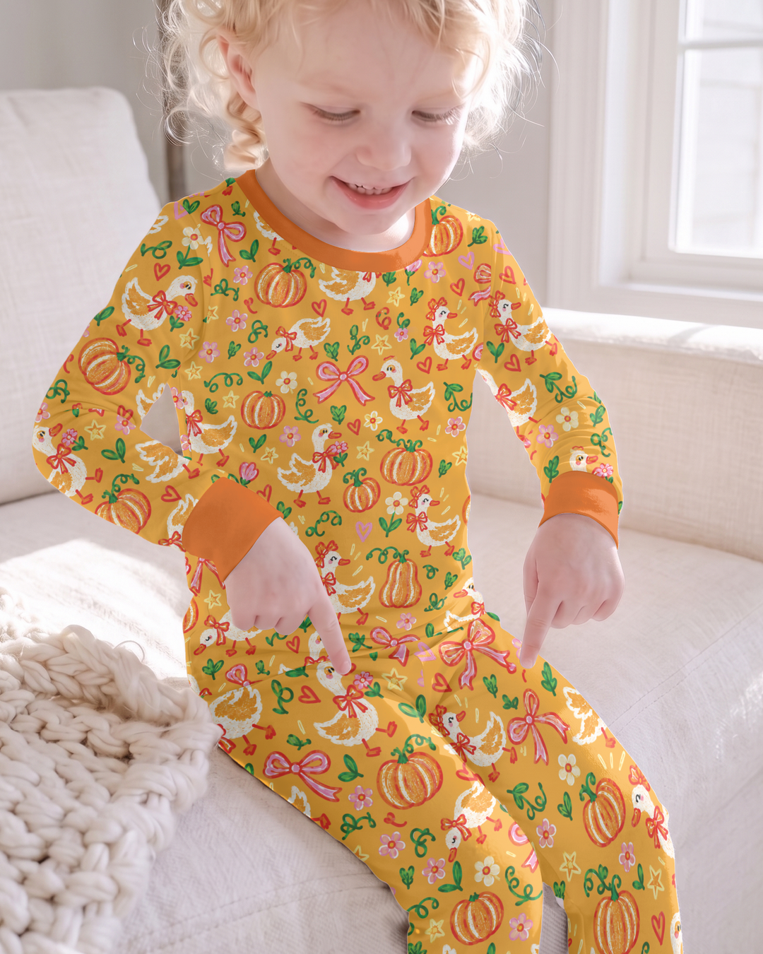 Cute Duck Pumpkin Fall Bamboo Two Piece Long Sleeve Pajama Set