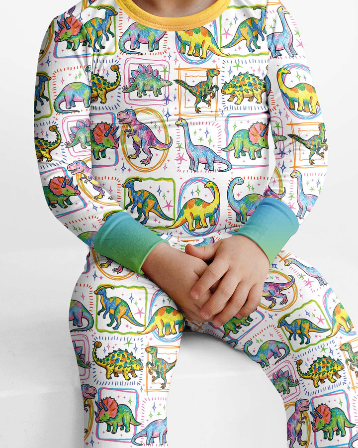Dinosaur Colorful Stamps Bamboo Two Piece Long Sleeve Pajama Set