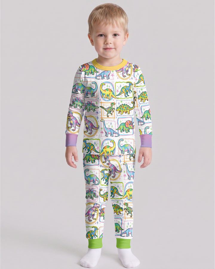 Dinosaur Colorful Stamps Bamboo Two Piece Long Sleeve Pajama Set