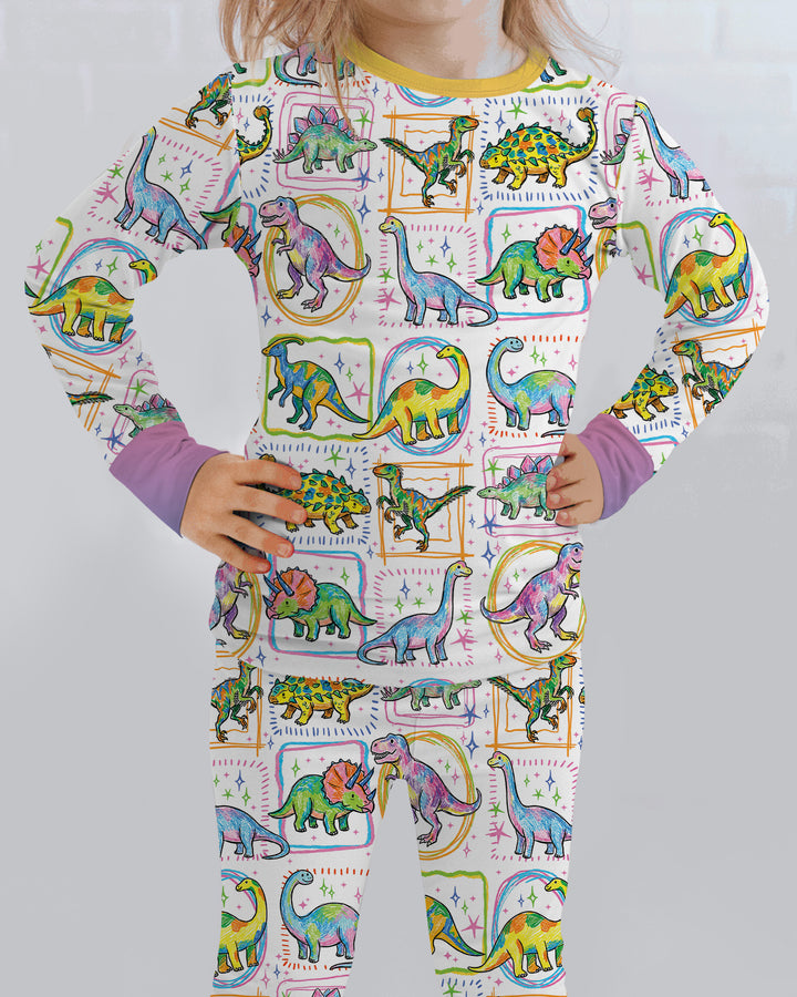 Dinosaur Colorful Stamps Bamboo Two Piece Long Sleeve Pajama Set