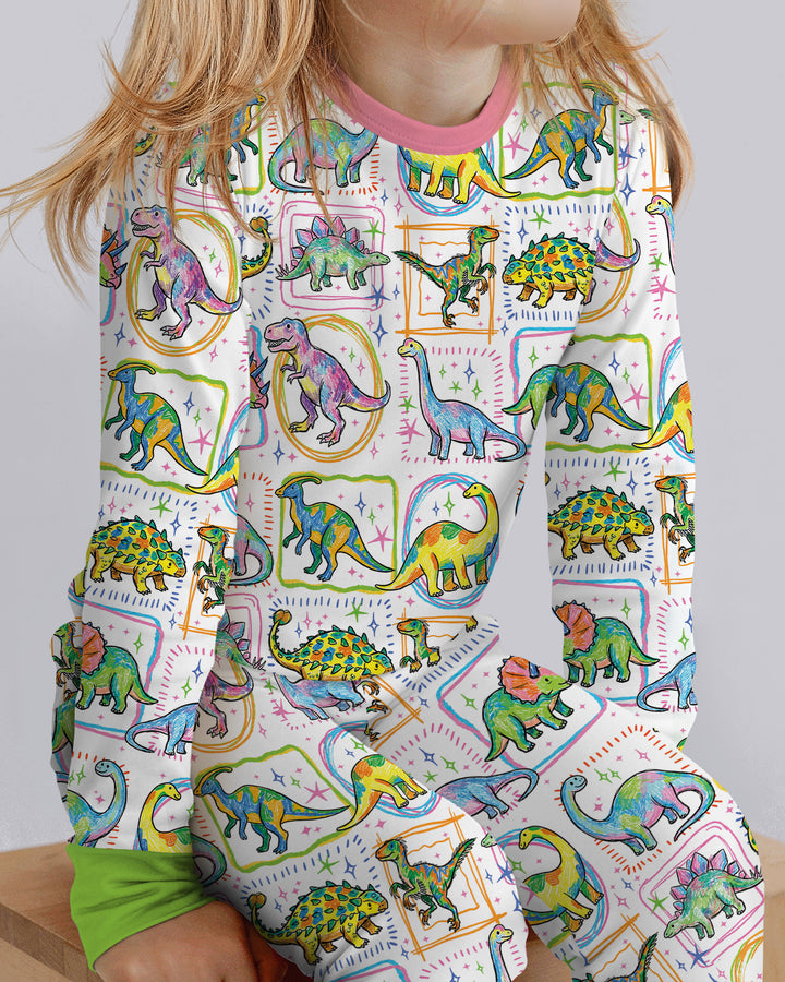 Dinosaur Colorful Stamps Bamboo Two Piece Long Sleeve Pajama Set
