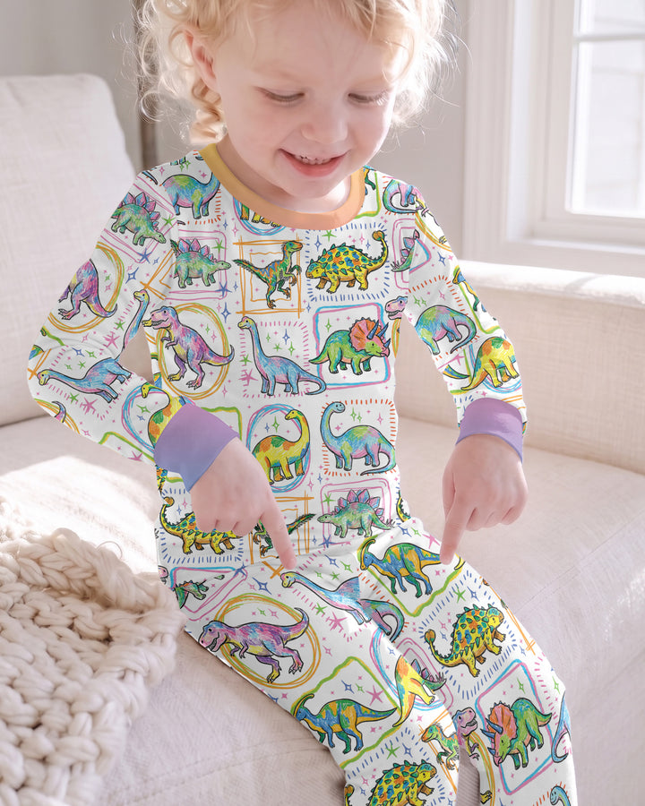 Dinosaur Colorful Stamps Bamboo Two Piece Long Sleeve Pajama Set
