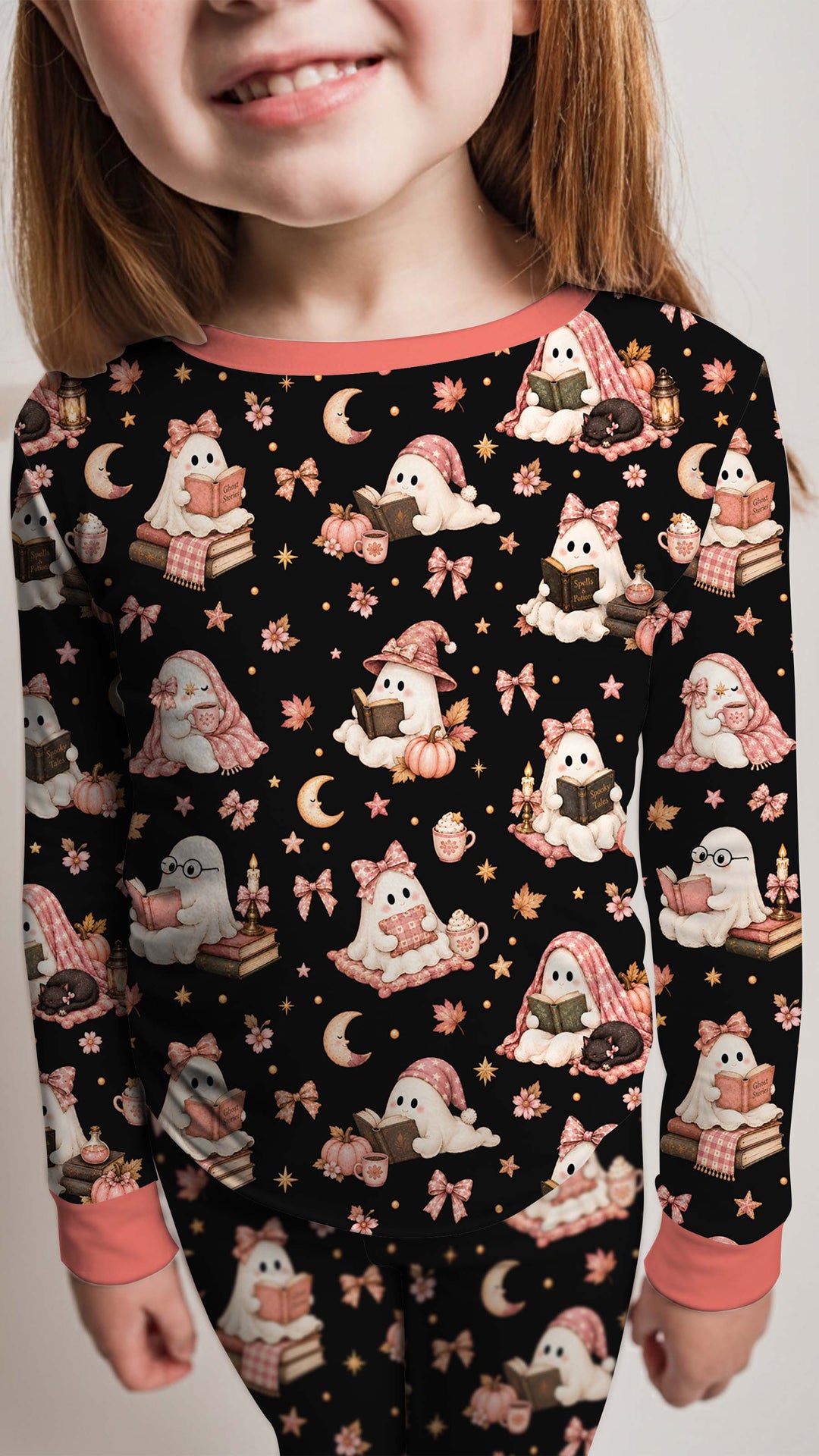 Coquette Bookish Ghost Halloween Bamboo Two Piece Long Sleeve Pajama Set