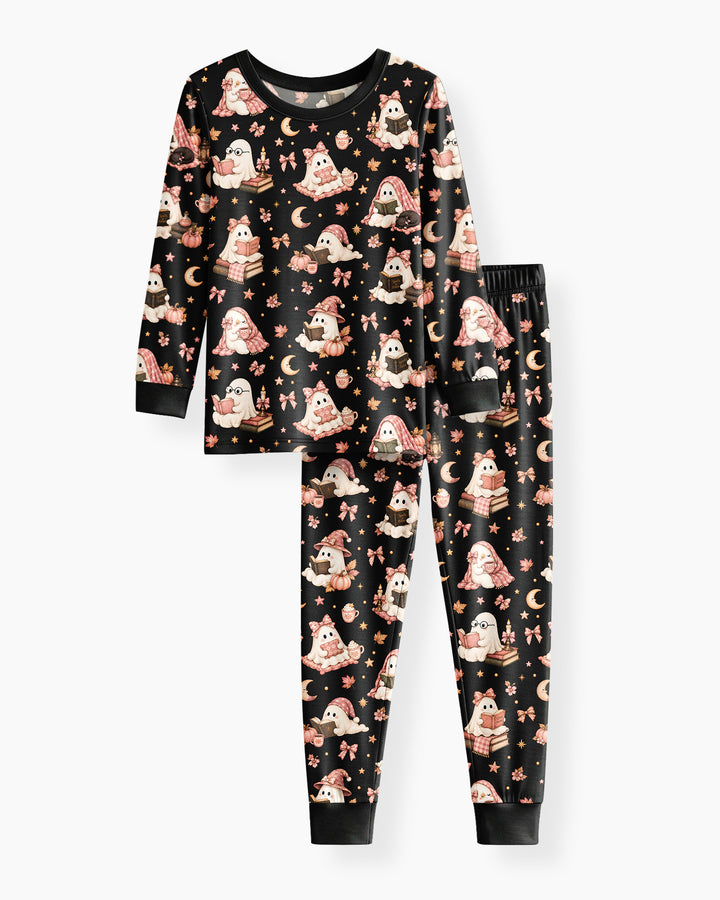Coquette Bookish Ghost Halloween Bamboo Two Piece Long Sleeve Pajama Set