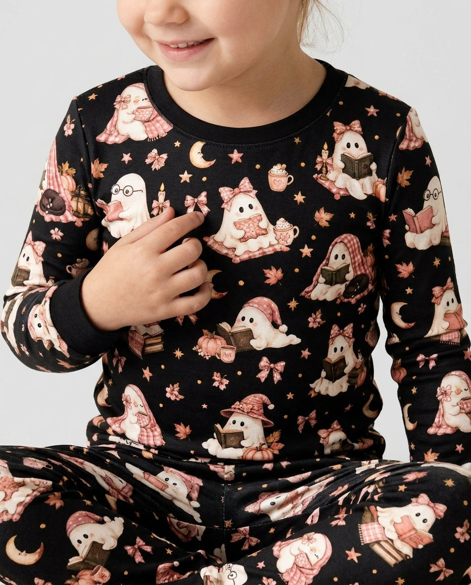 Coquette Bookish Ghost Halloween Bamboo Two Piece Long Sleeve Pajama Set