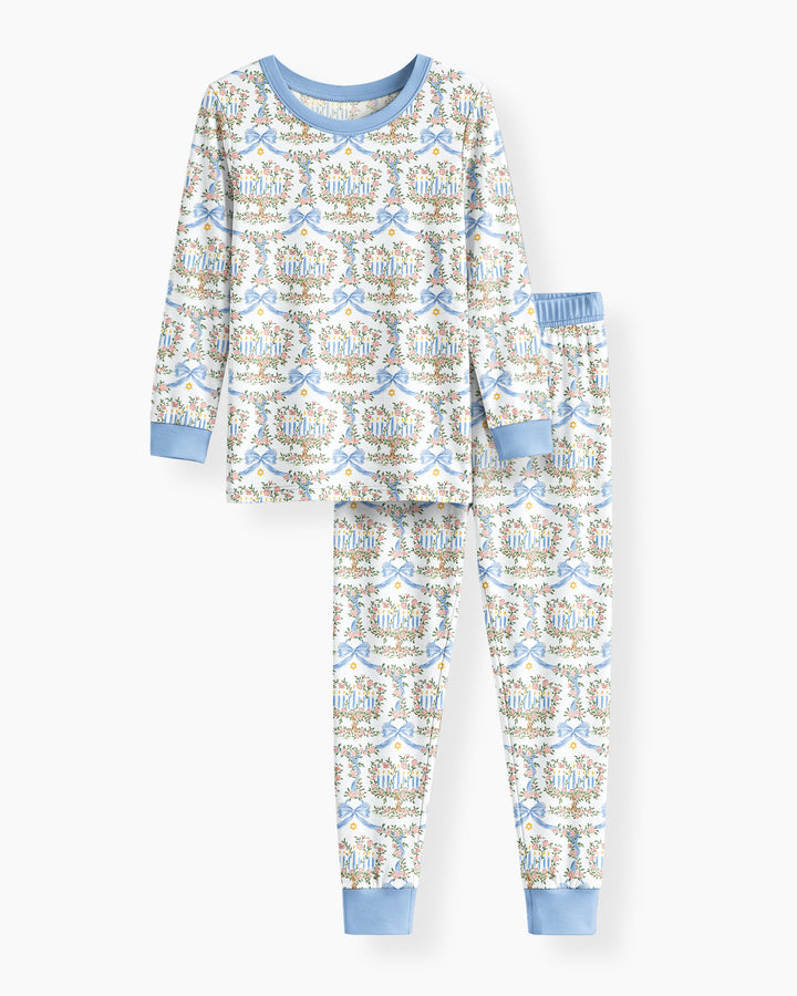 Cute Bow Hanukkah Menorah Bamboo Two Piece Long Sleeve Pajama Set