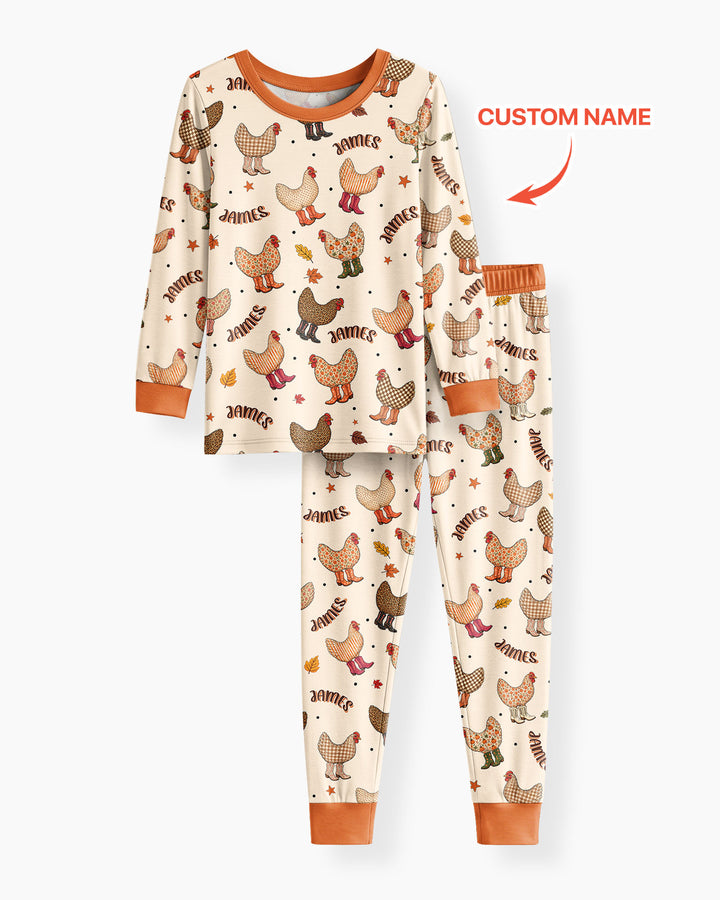 Custom Name Preppy Fall Chicken Bamboo Two Piece Long Sleeve Pajama Set