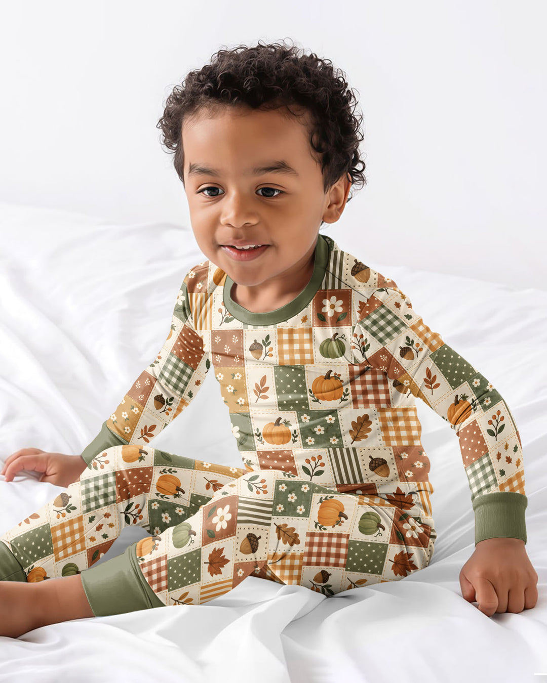 Vintage Fall Gingham Pumpkin Patchwork Bamboo Two Piece Long Sleeve Pajama Set