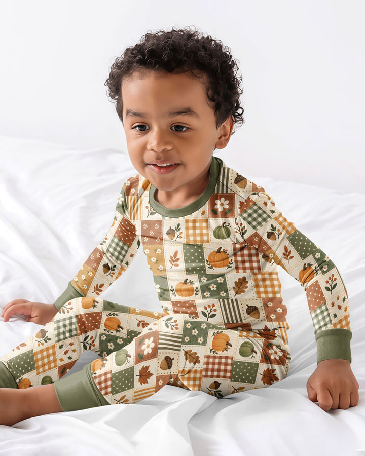 Vintage Fall Gingham Pumpkin Patchwork Bamboo Two Piece Long Sleeve Pajama Set