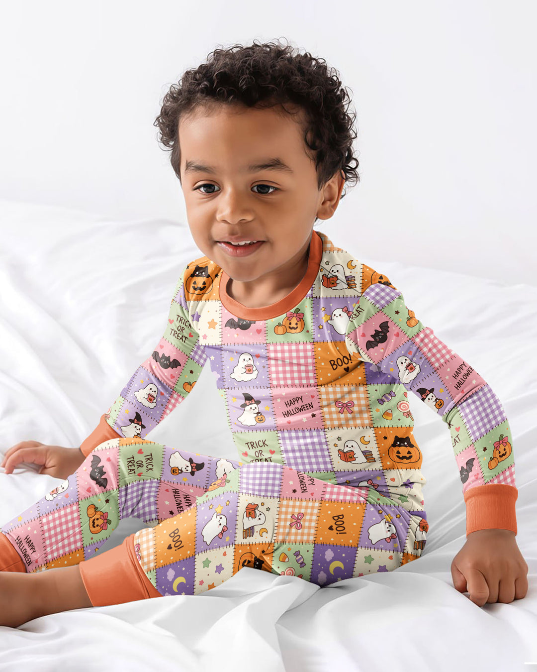 Cute Halloween Trick Or Treat Patchwork Bamboo Two Piece Long Sleeve Pajama Set