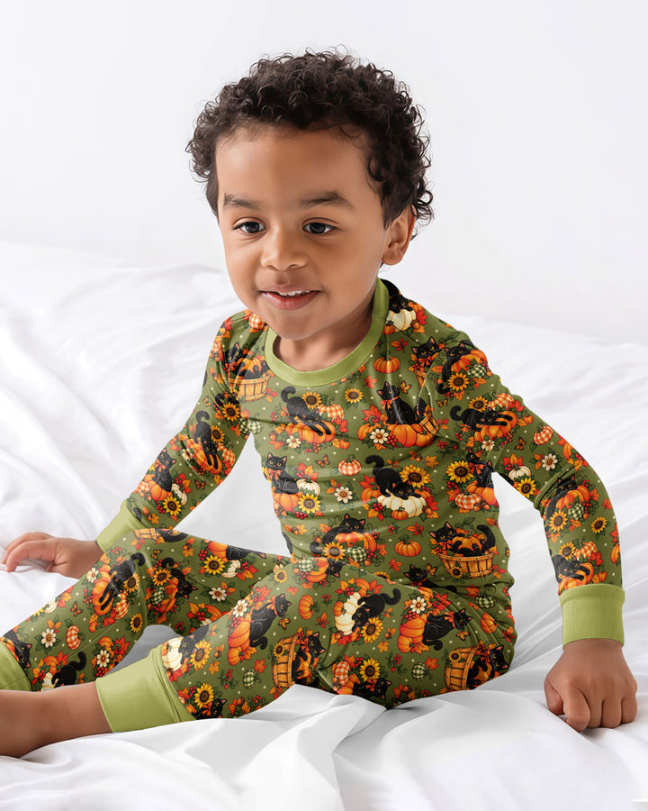 Vintage Black Cat Pumpkin Fall Bamboo Two Piece Long Sleeve Pajama Set