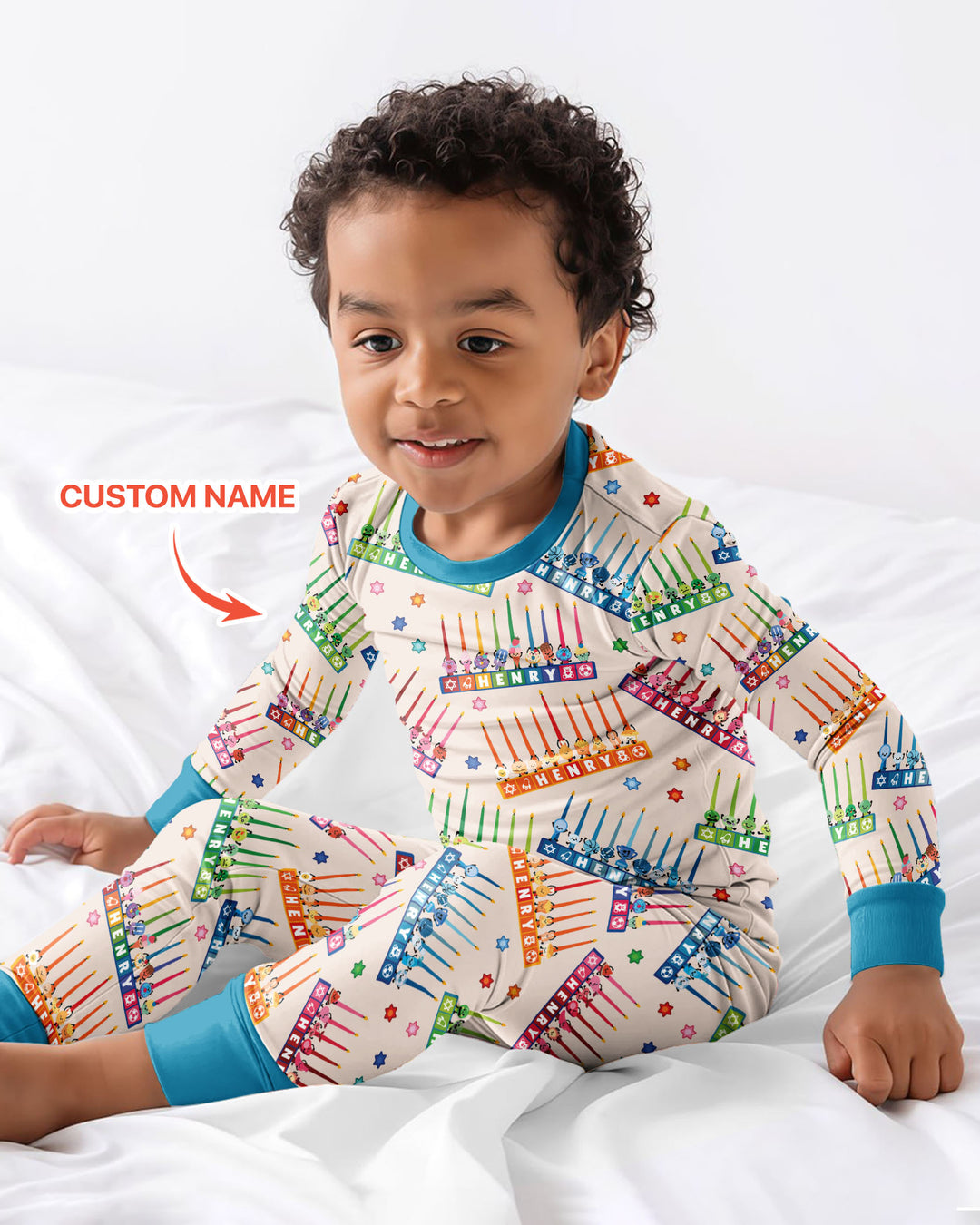 Personalized Jewish Menorah Bamboo Two Piece Long Sleeve Pajama Set