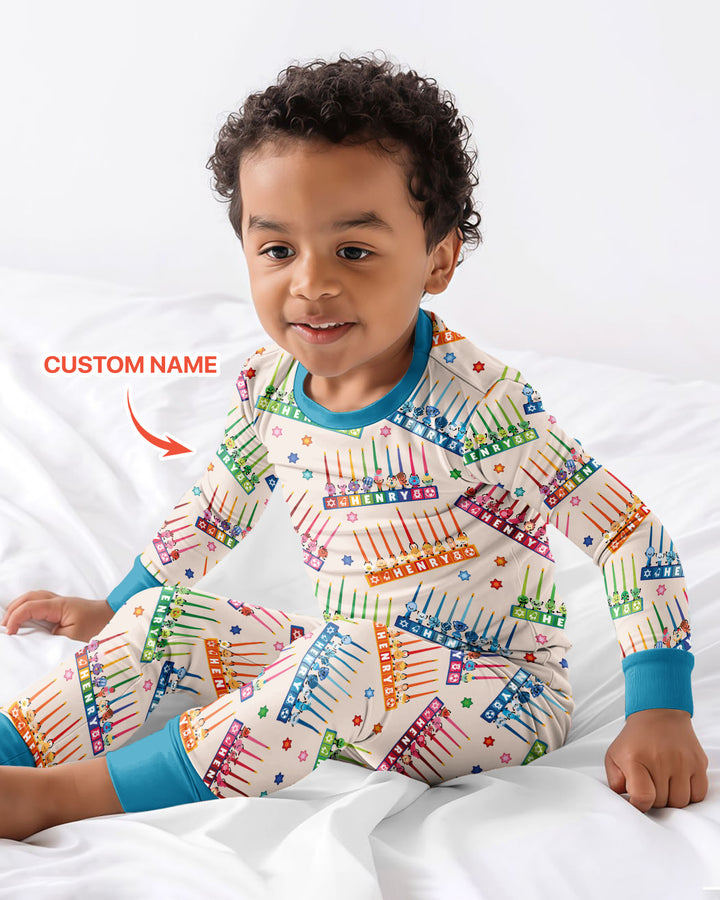 Personalized Jewish Menorah Bamboo Two Piece Long Sleeve Pajama Set