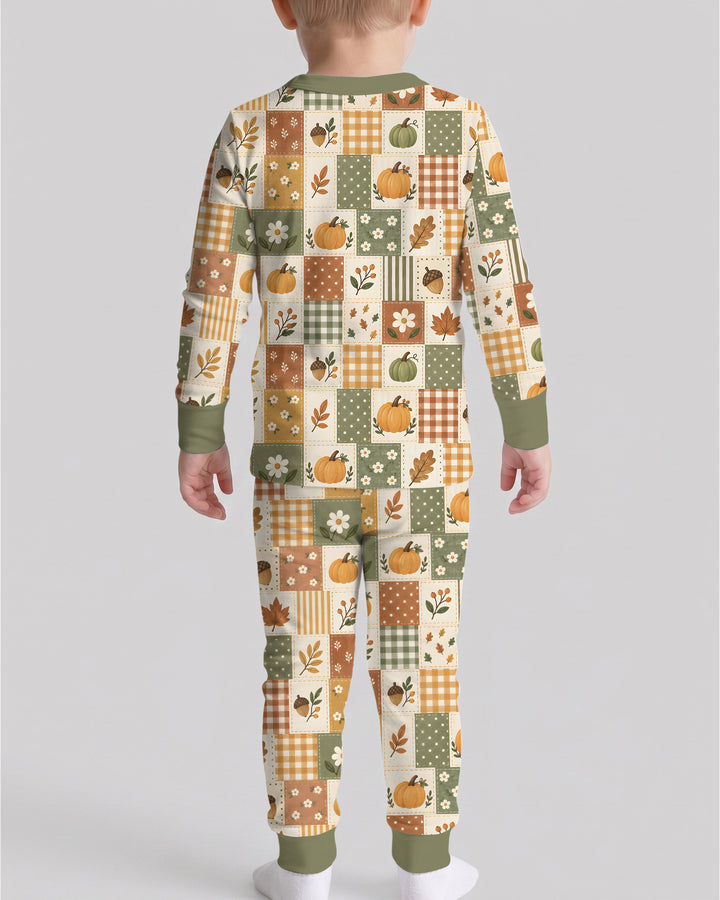 Vintage Fall Gingham Pumpkin Patchwork Bamboo Two Piece Long Sleeve Pajama Set