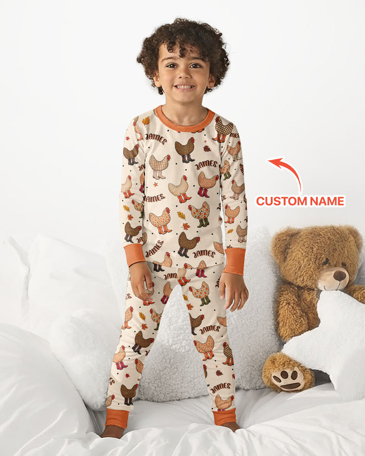 Custom Name Preppy Fall Chicken Bamboo Two Piece Long Sleeve Pajama Set