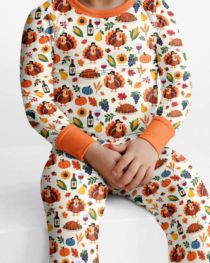 Thanksgiving Turkey Wine Harvest Bamboo Two Piece Long Sleeve Pajama Set