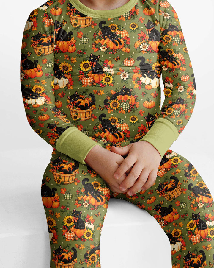 Vintage Black Cat Pumpkin Fall Bamboo Two Piece Long Sleeve Pajama Set