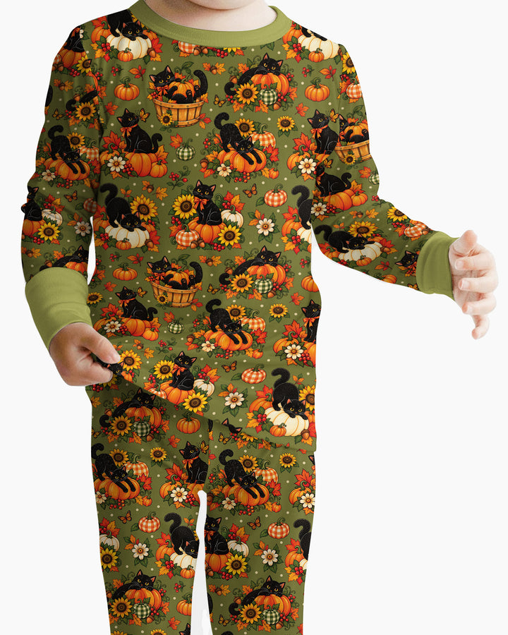 Vintage Black Cat Pumpkin Fall Bamboo Two Piece Long Sleeve Pajama Set