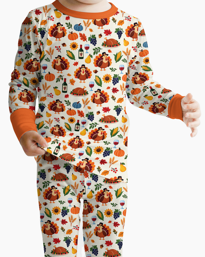 Thanksgiving Turkey Wine Harvest Bamboo Two Piece Long Sleeve Pajama Set
