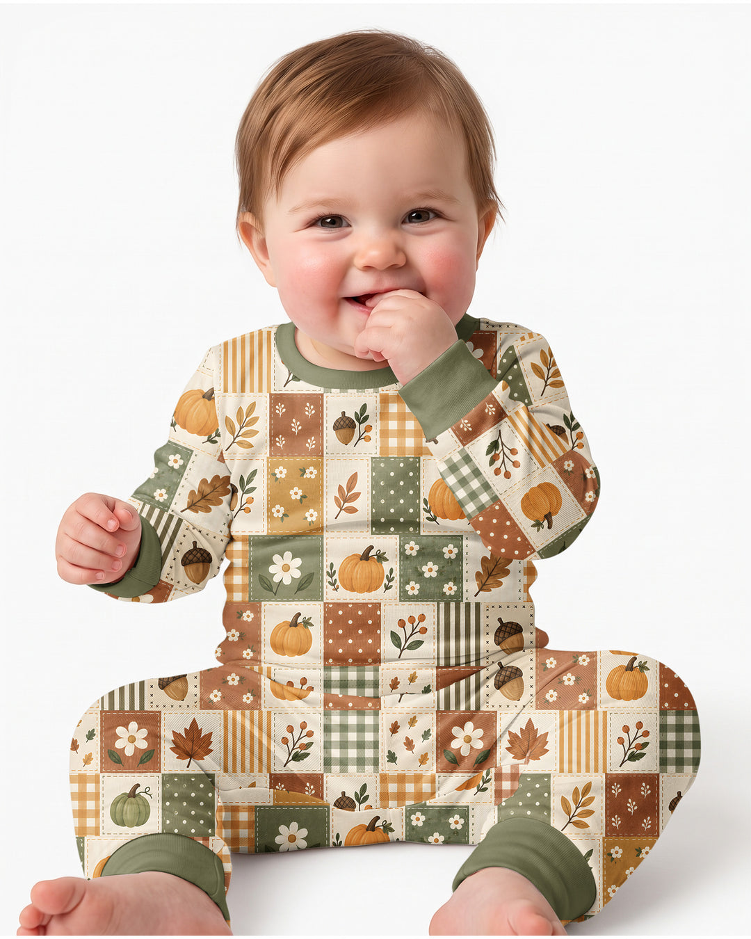 Vintage Fall Gingham Pumpkin Patchwork Bamboo Two Piece Long Sleeve Pajama Set