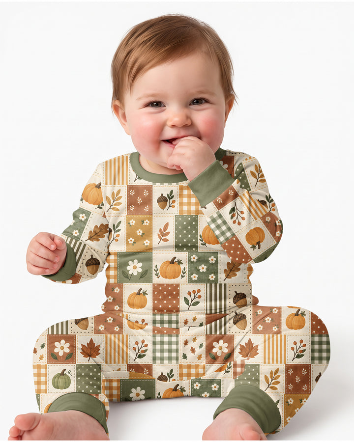 Vintage Fall Gingham Pumpkin Patchwork Bamboo Two Piece Long Sleeve Pajama Set