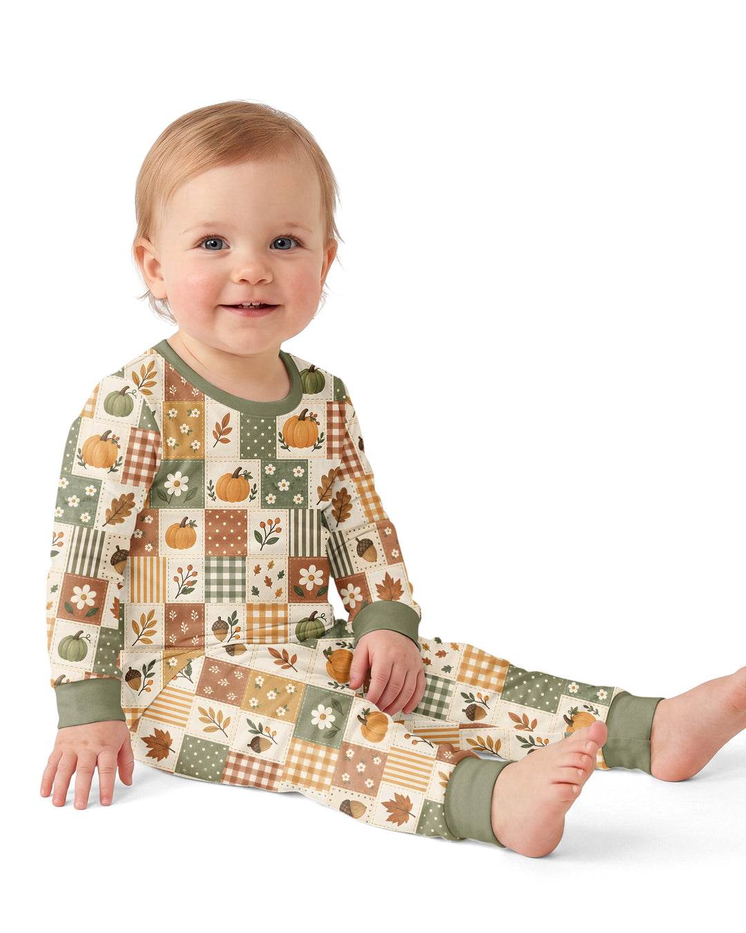 Vintage Fall Gingham Pumpkin Patchwork Bamboo Two Piece Long Sleeve Pajama Set