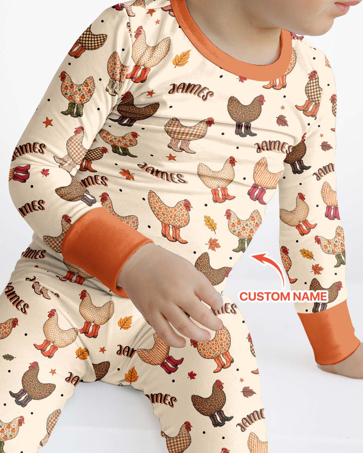 Custom Name Preppy Fall Chicken Bamboo Two Piece Long Sleeve Pajama Set