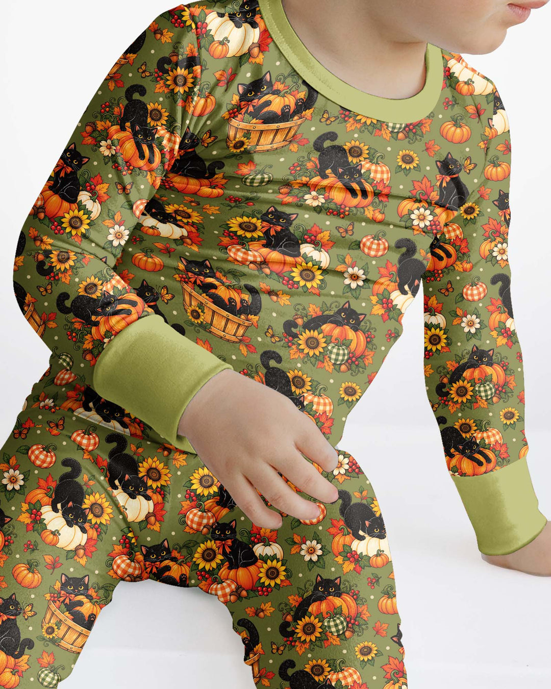 Vintage Black Cat Pumpkin Fall Bamboo Two Piece Long Sleeve Pajama Set
