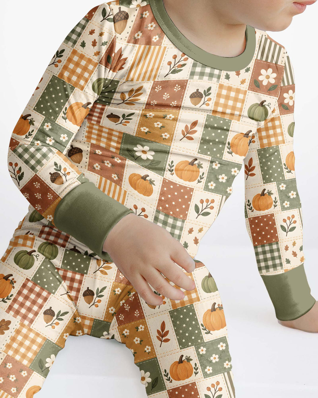 Vintage Fall Gingham Pumpkin Patchwork Bamboo Two Piece Long Sleeve Pajama Set