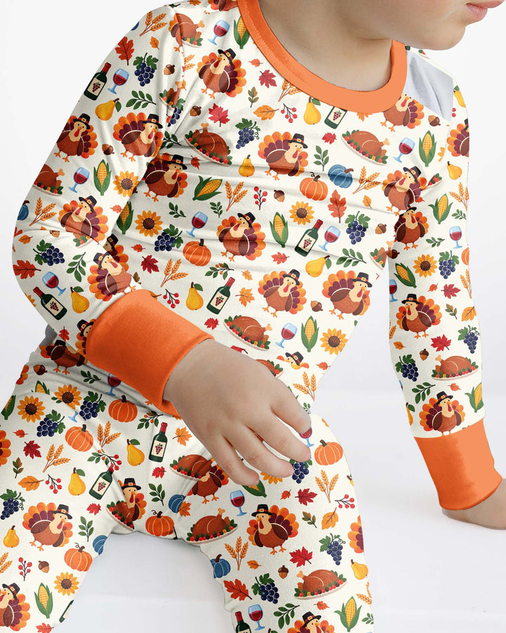 Thanksgiving Turkey Wine Harvest Bamboo Two Piece Long Sleeve Pajama Set