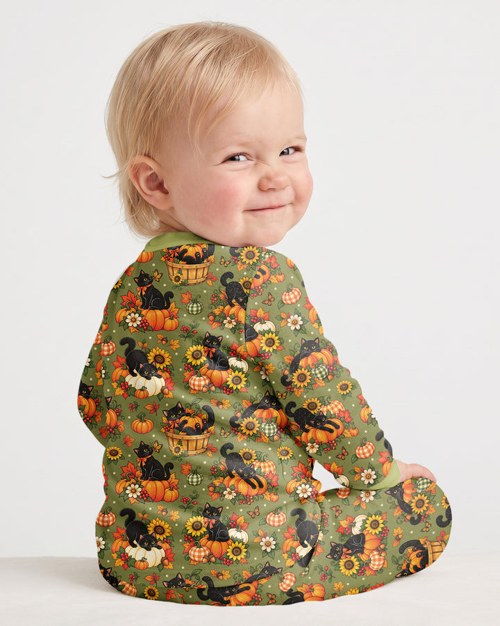 Vintage Black Cat Pumpkin Fall Bamboo Two Piece Long Sleeve Pajama Set