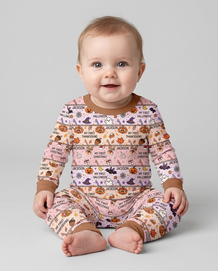 Custom Name My First Hallothanksmas Bamboo Two Piece Long Sleeve Pajama Set