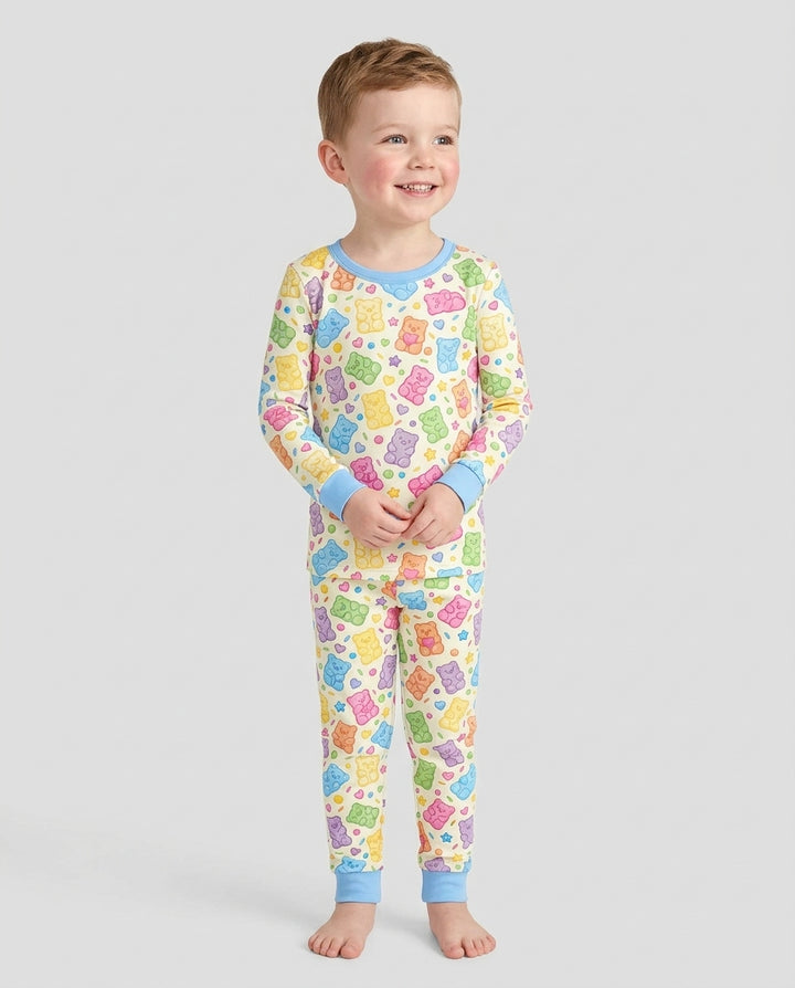 Cute Pastel Colorful Gummy Bears Bamboo Two Piece Long Sleeve Pajama Set