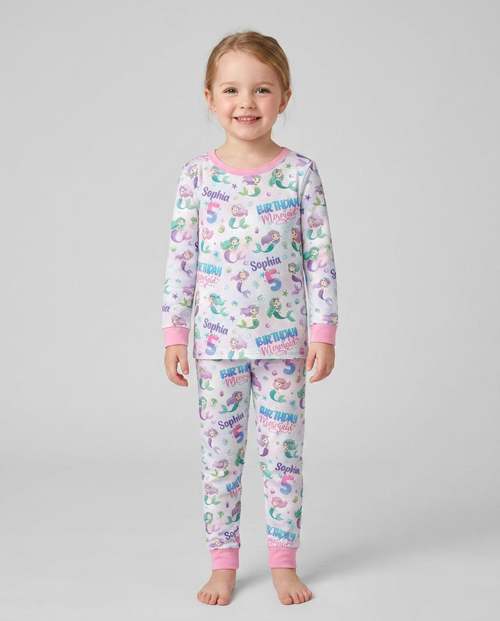 Custom Name and Age Birthday Mermaid Bamboo Two Piece Long Sleeve Pajama Set