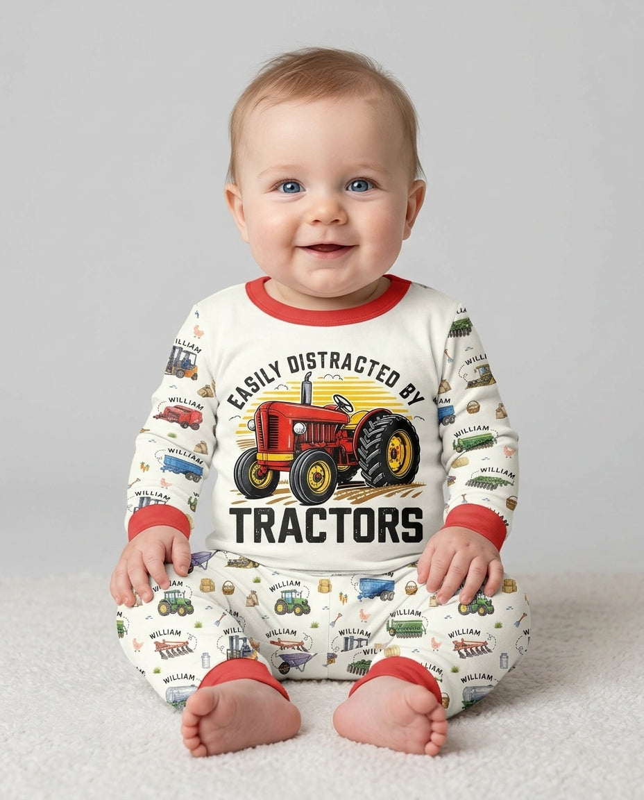 Easily Distracted By Tractors Custom Name Bamboo Two Piece Long Sleeve Pajama Set