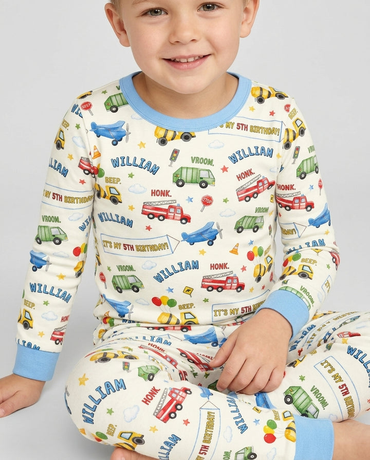 Personalized Transportation Birthday Bamboo Two Piece Long Sleeve Pajama Set