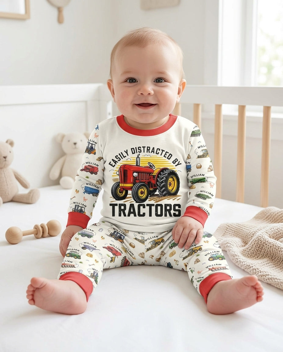 Easily Distracted By Tractors Custom Name Bamboo Two Piece Long Sleeve Pajama Set