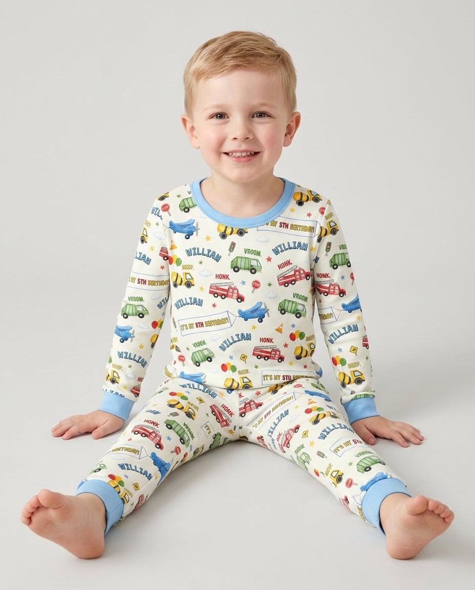 Personalized Transportation Birthday Bamboo Two Piece Long Sleeve Pajama Set