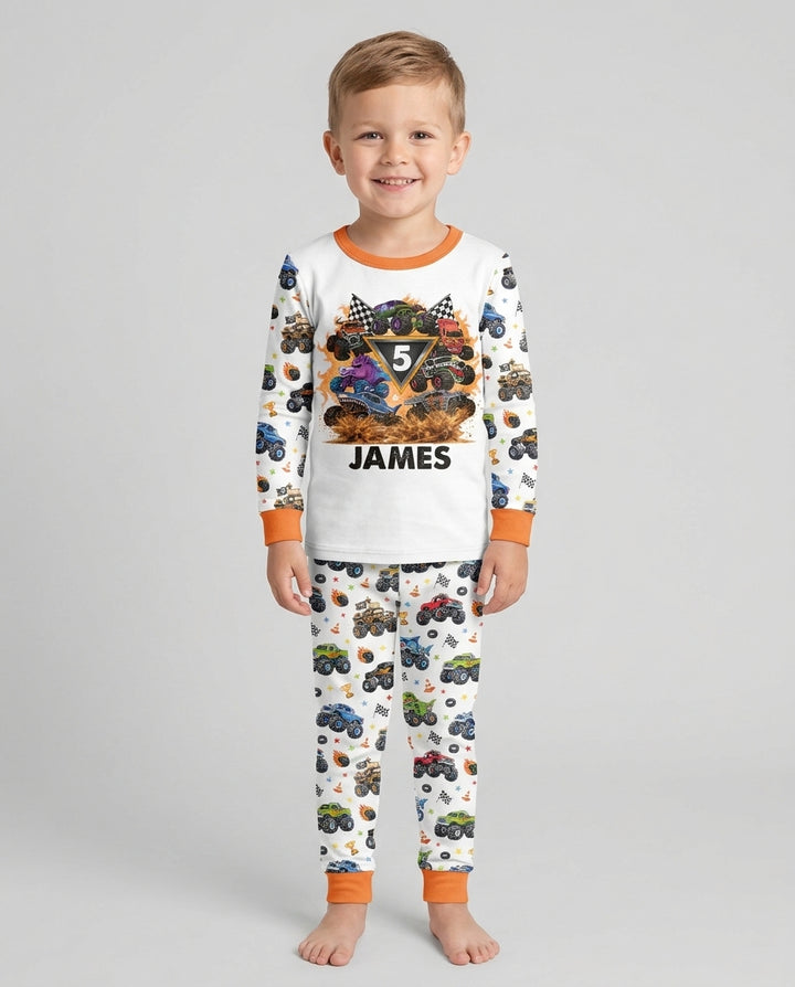 Personalized Monster Trucks Birthday Boy Bamboo Two Piece Long Sleeve Pajama Set