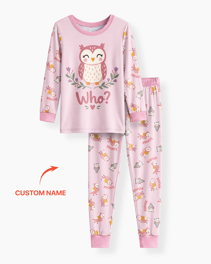 Custom Name Twin Owl Who's Who Bamboo Two Piece Long Sleeve Pajama Set