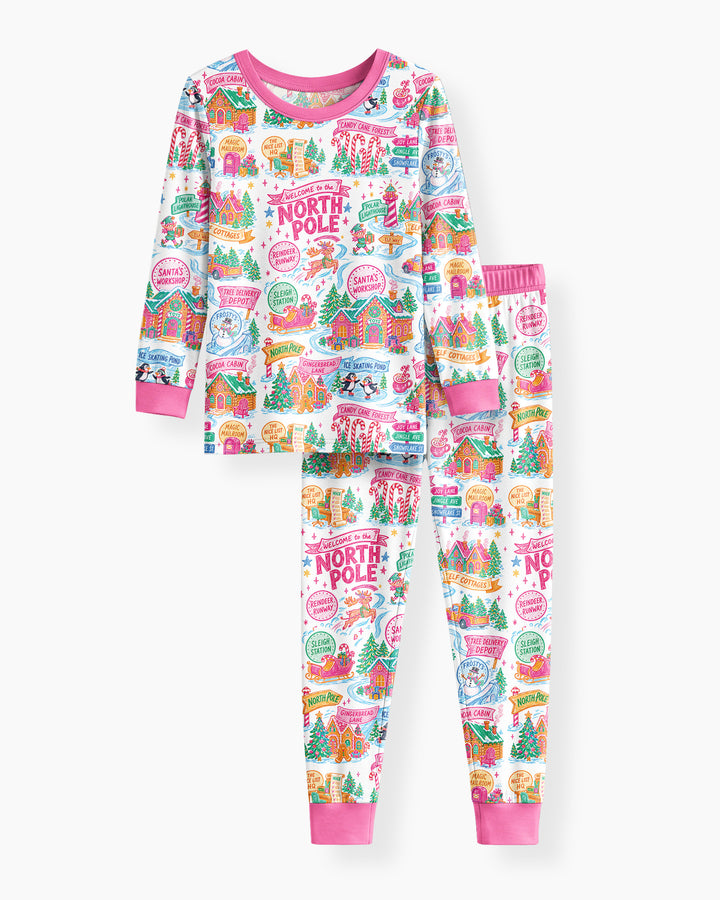 Welcome To North Pole Village Pink Christmas Bamboo Two Piece Long Sleeve Pajama Set
