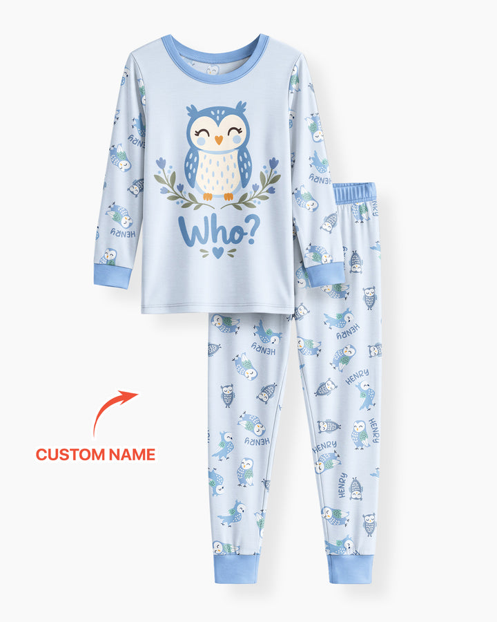 Custom Name Twin Owl Who's Who Bamboo Two Piece Long Sleeve Pajama Set