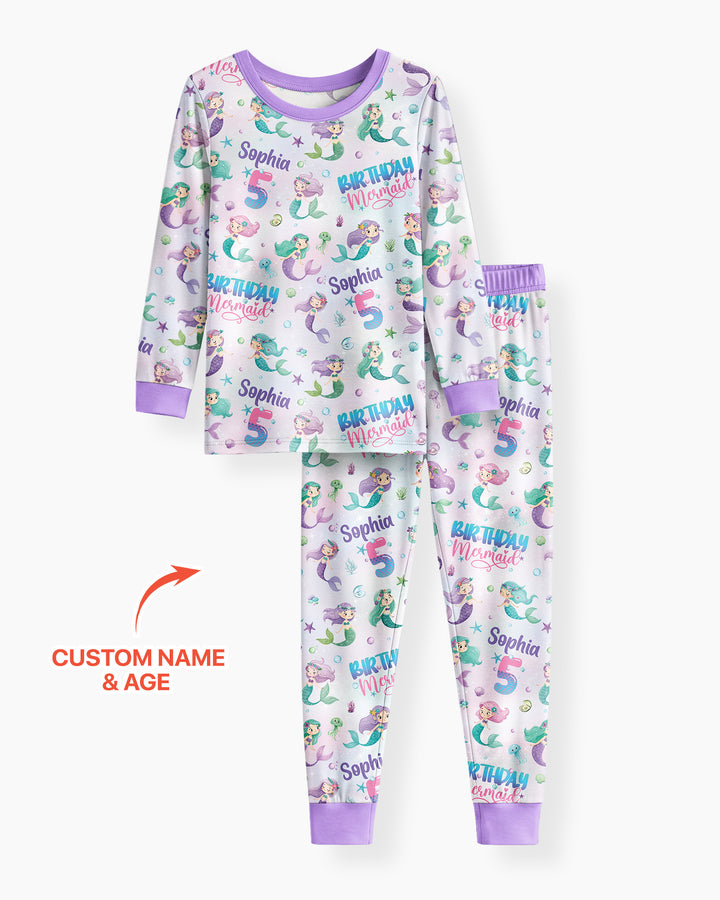 Custom Name and Age Birthday Mermaid Bamboo Two Piece Long Sleeve Pajama Set