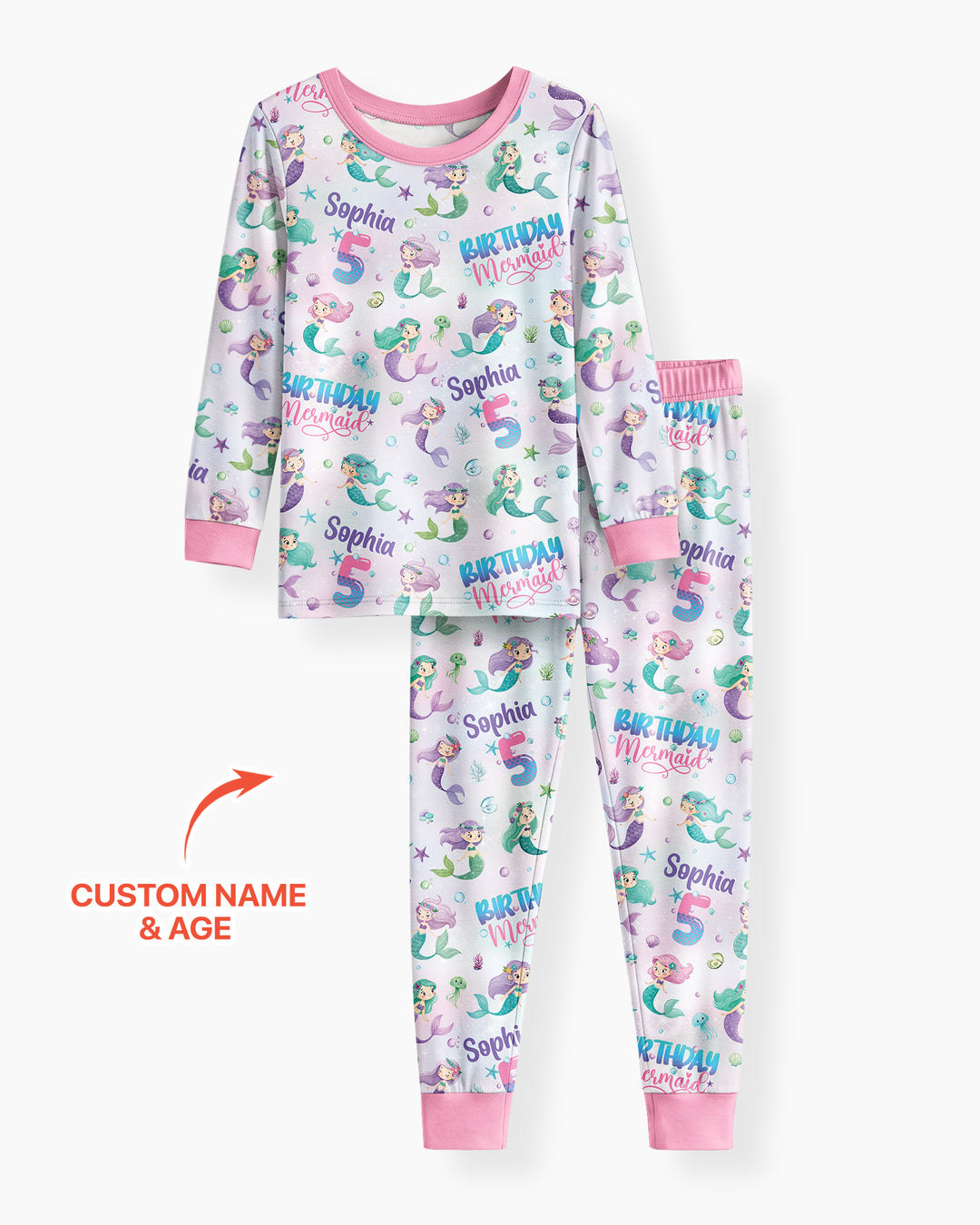 Custom Name and Age Birthday Mermaid Bamboo Two Piece Long Sleeve Pajama Set